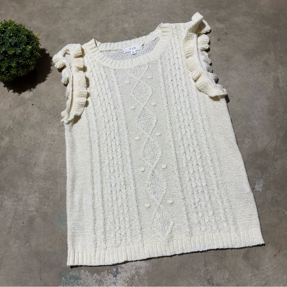 Cottagecore Cable Knit Ruffle Sweater Vest Women Size S Preppy Spring Prairie